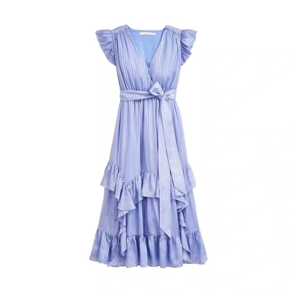 MARIE OLIVER Silk Uma Ruffle Midi Dress in Blue Jay Size M - Picture 2 of 13